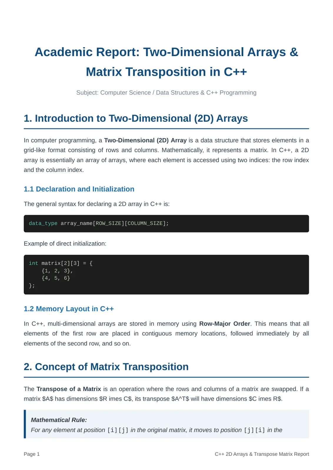 غلاف تقرير Two-Dimensional Arrays & Matrix Transposition in C++