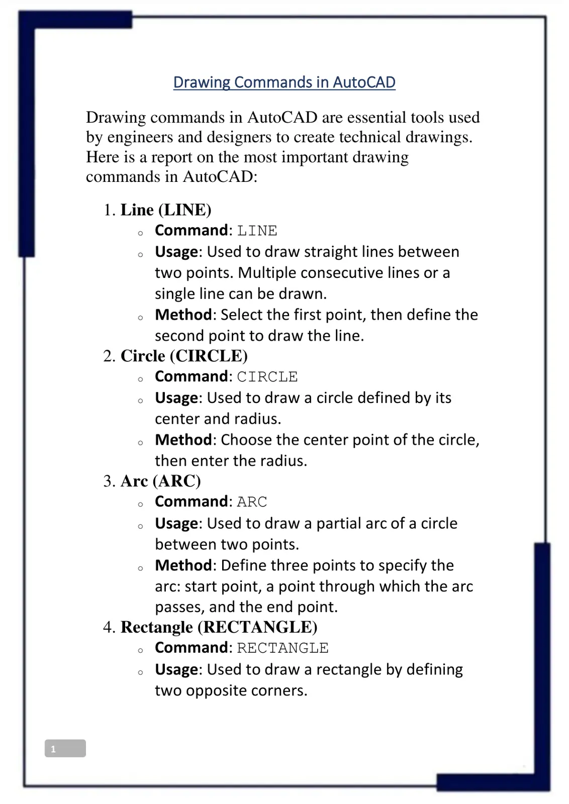 غلاف تقرير Drawing Commands in AutoCAD