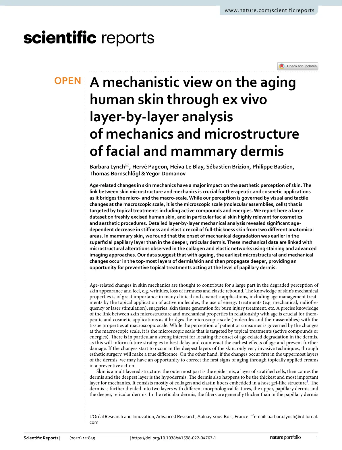 غلاف تقرير A mechanistic view on the aging human skin through ex vivo layer-by-layer analysis of mechanics and microstructure of facial and mammary dermis