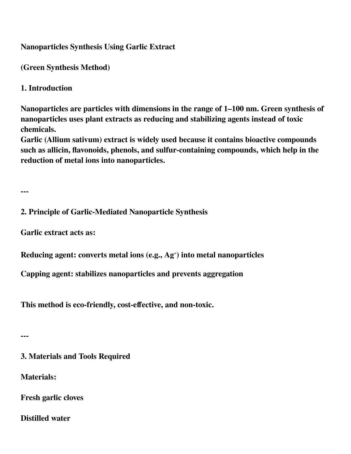 غلاف تقرير Nanoparticles Synthesis Using Garlic Extract (Green Synthesis Method)