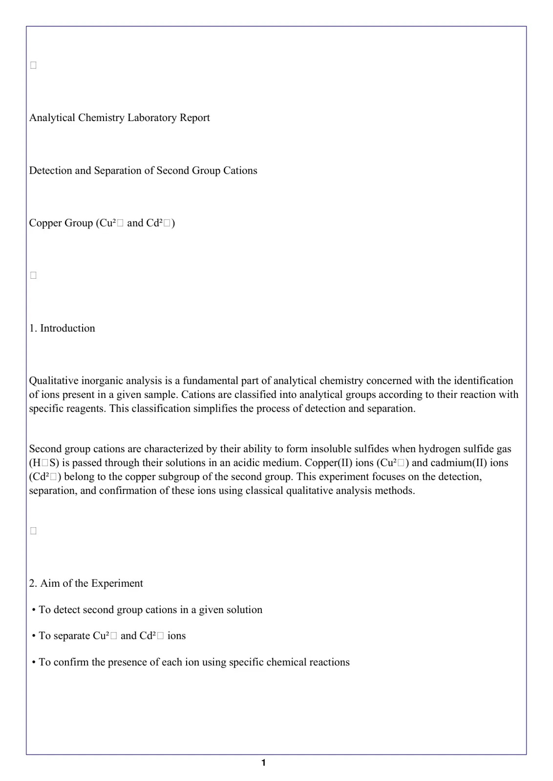 غلاف تقرير Analytical Chemistry Laboratory Report: Detection and Separation of Second Group Cations (Copper Group)