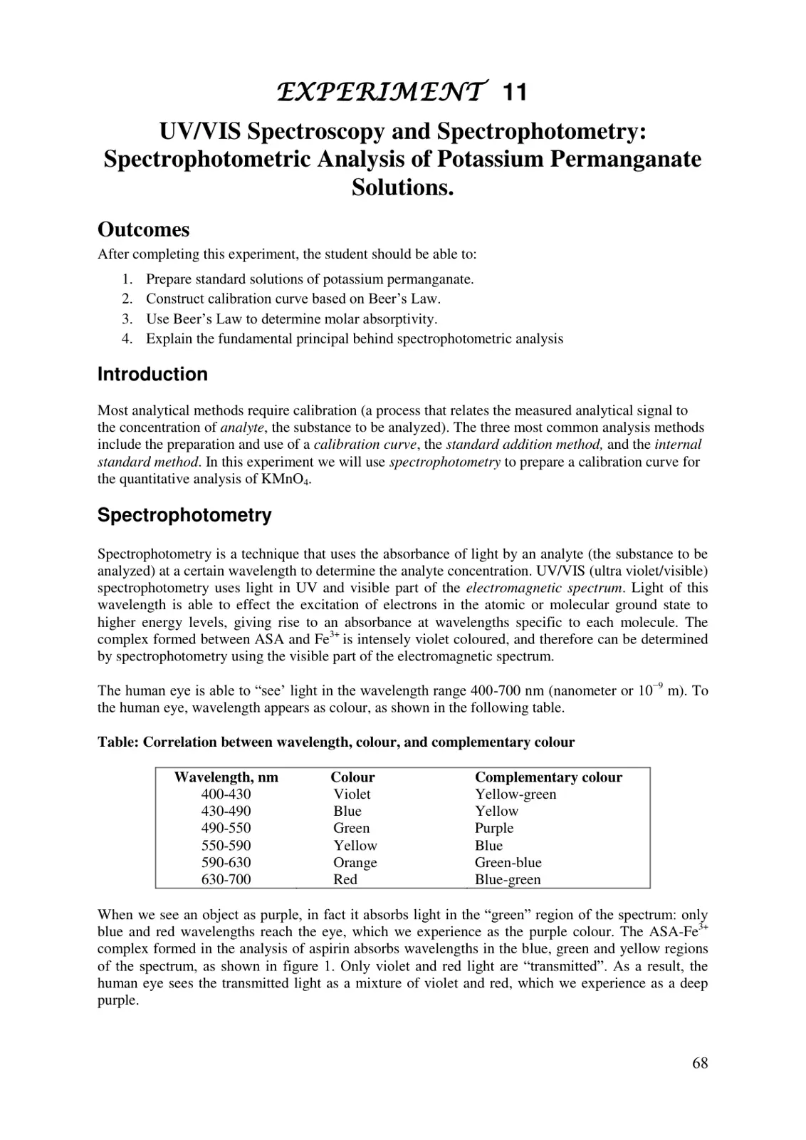 غلاف تقرير EXPERIMENT 11: UV/VIS Spectroscopy and Spectrophotometry: Spectrophotometric Analysis of Potassium Permanganate Solutions.