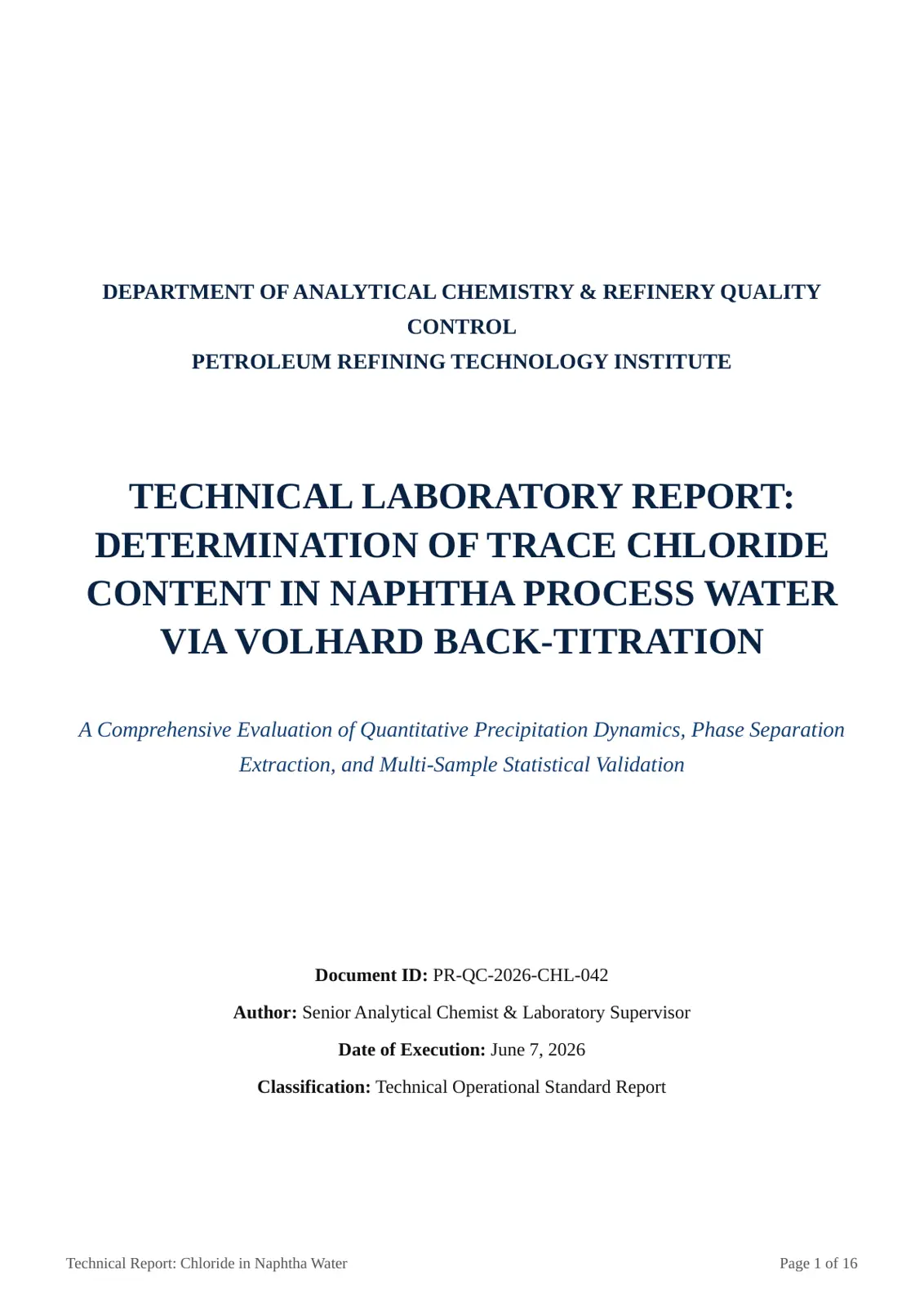 غلاف تقرير DETERMINATION OF TRACE CHLORIDE CONTENT IN NAPHTHA PROCESS WATER VIA VOLHARD BACK-TITRATION