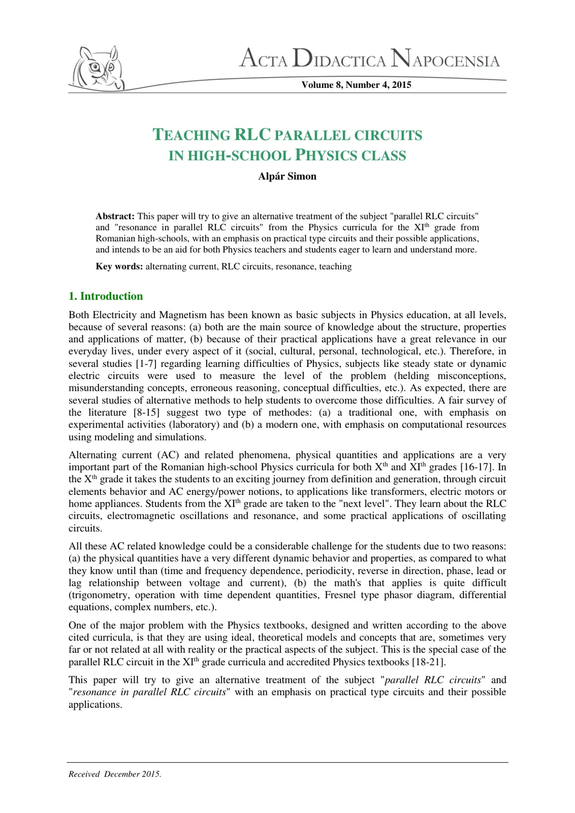 غلاف تقرير TEACHING RLC PARALLEL CIRCUITS
IN HIGH-SCHOOL PHYSICS CLASS