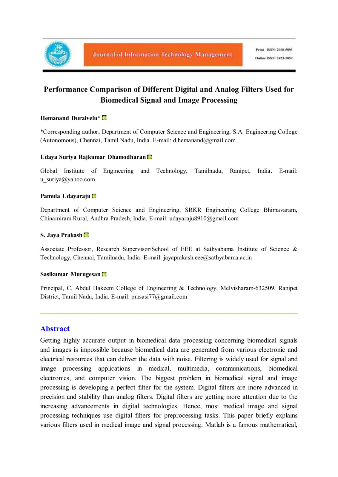 غلاف تقرير Performance Comparison of Different Digital and Analog Filters Used for Biomedical Signal and Image Processing