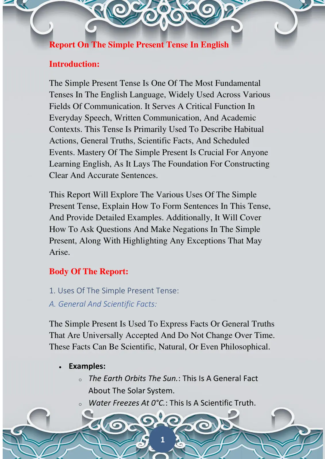 غلاف تقرير Report On The Simple Present Tense In English