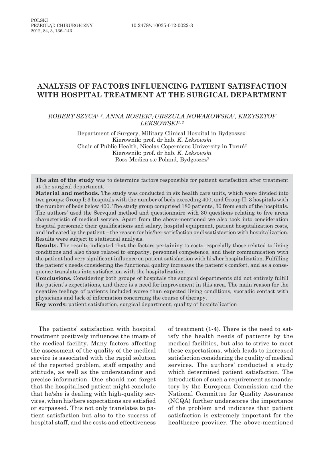 غلاف تقرير Analysis of Factors Influencing Patient Satisfaction with Hospital Treatment at the Surgical Department