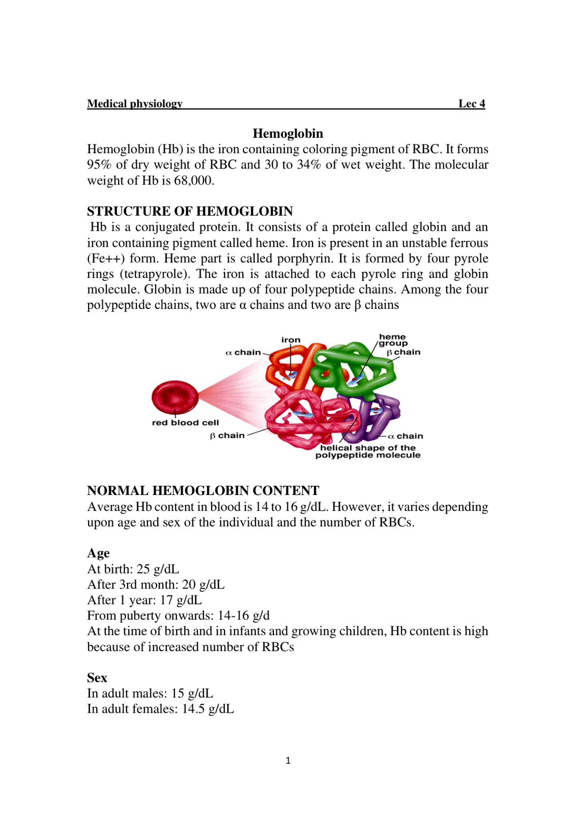 غلاف تقرير Medical physiology Lec 4 Hemoglobin