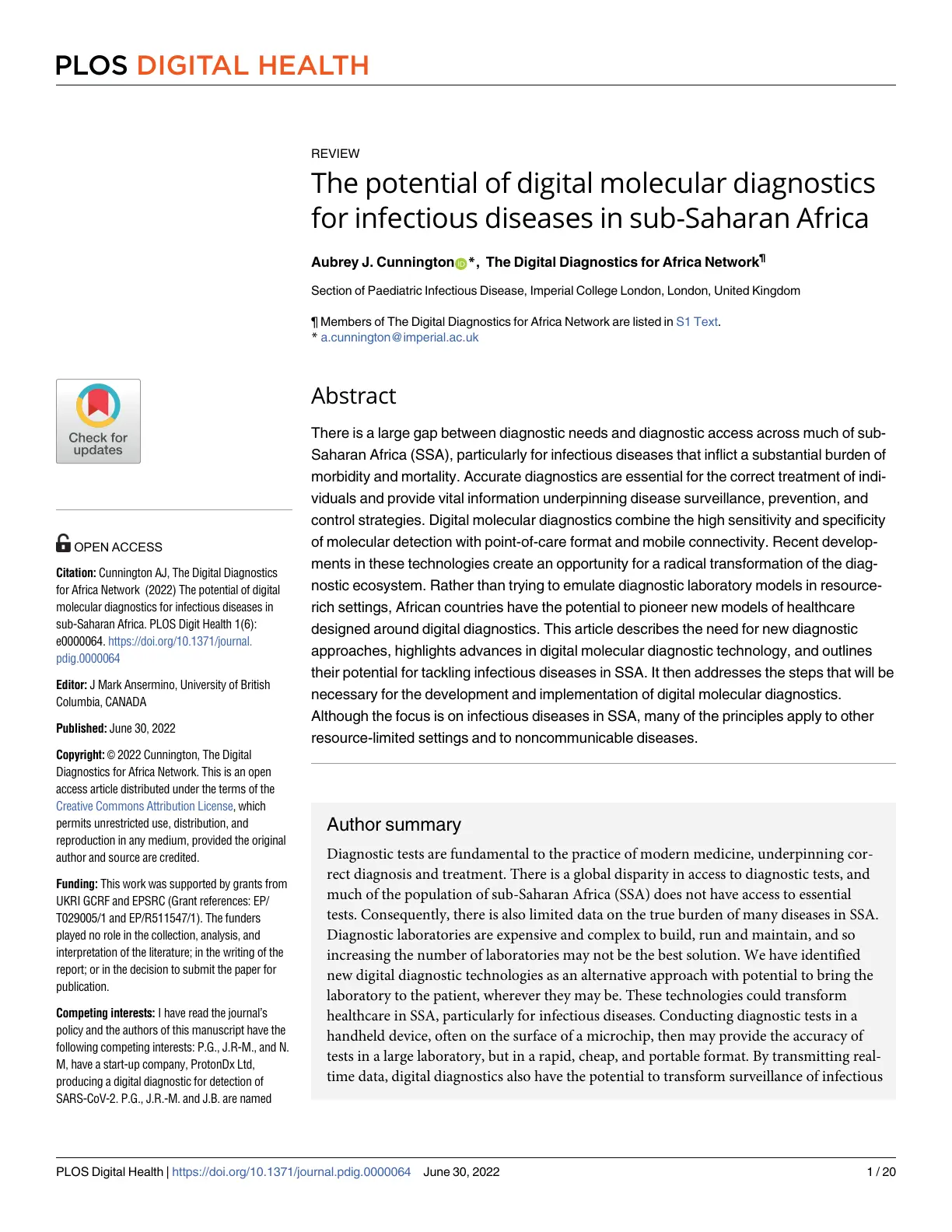 غلاف تقرير The potential of digital molecular diagnostics for infectious diseases in sub-Saharan Africa