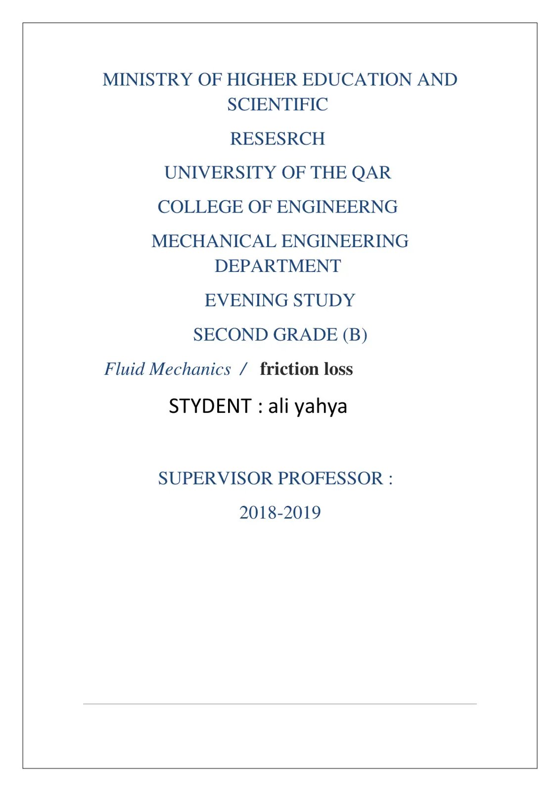 غلاف تقرير Fluid Mechanics / friction loss