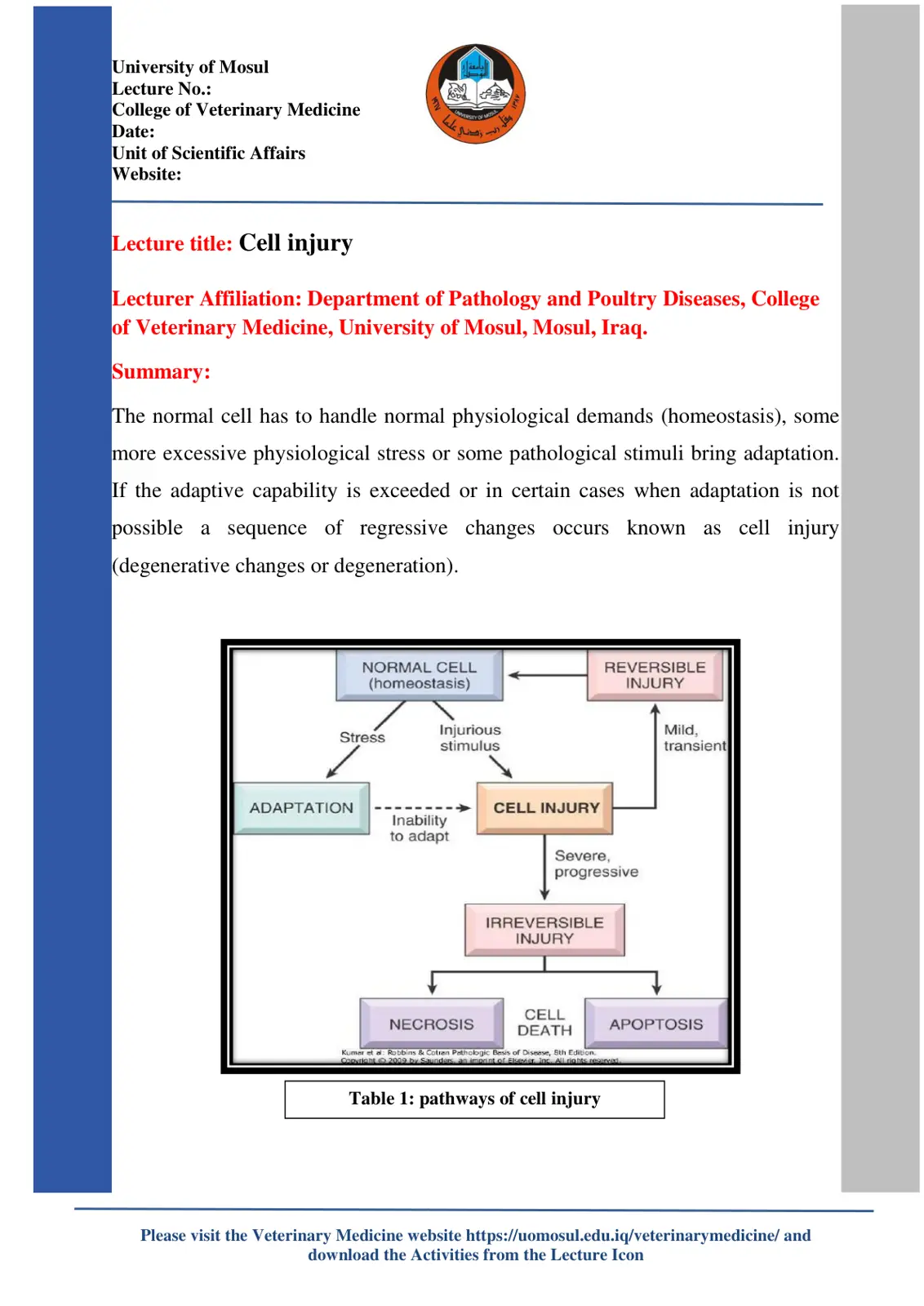 غلاف تقرير Lecture: Cell Injury