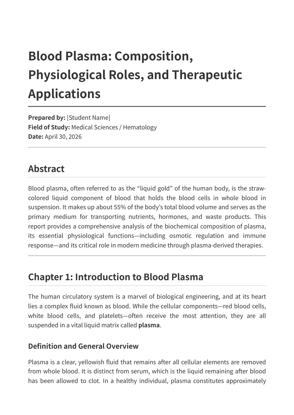 غلاف تقرير Blood Plasma: Composition, Physiological Roles, and Therapeutic Applications