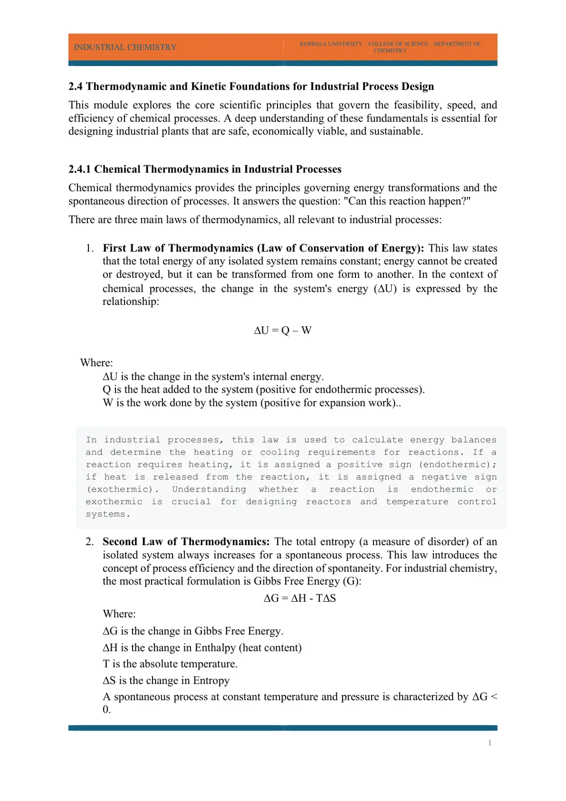 غلاف تقرير INDUSTRIAL CHEMISTRY - Thermodynamic and Kinetic Foundations for Industrial Process Design