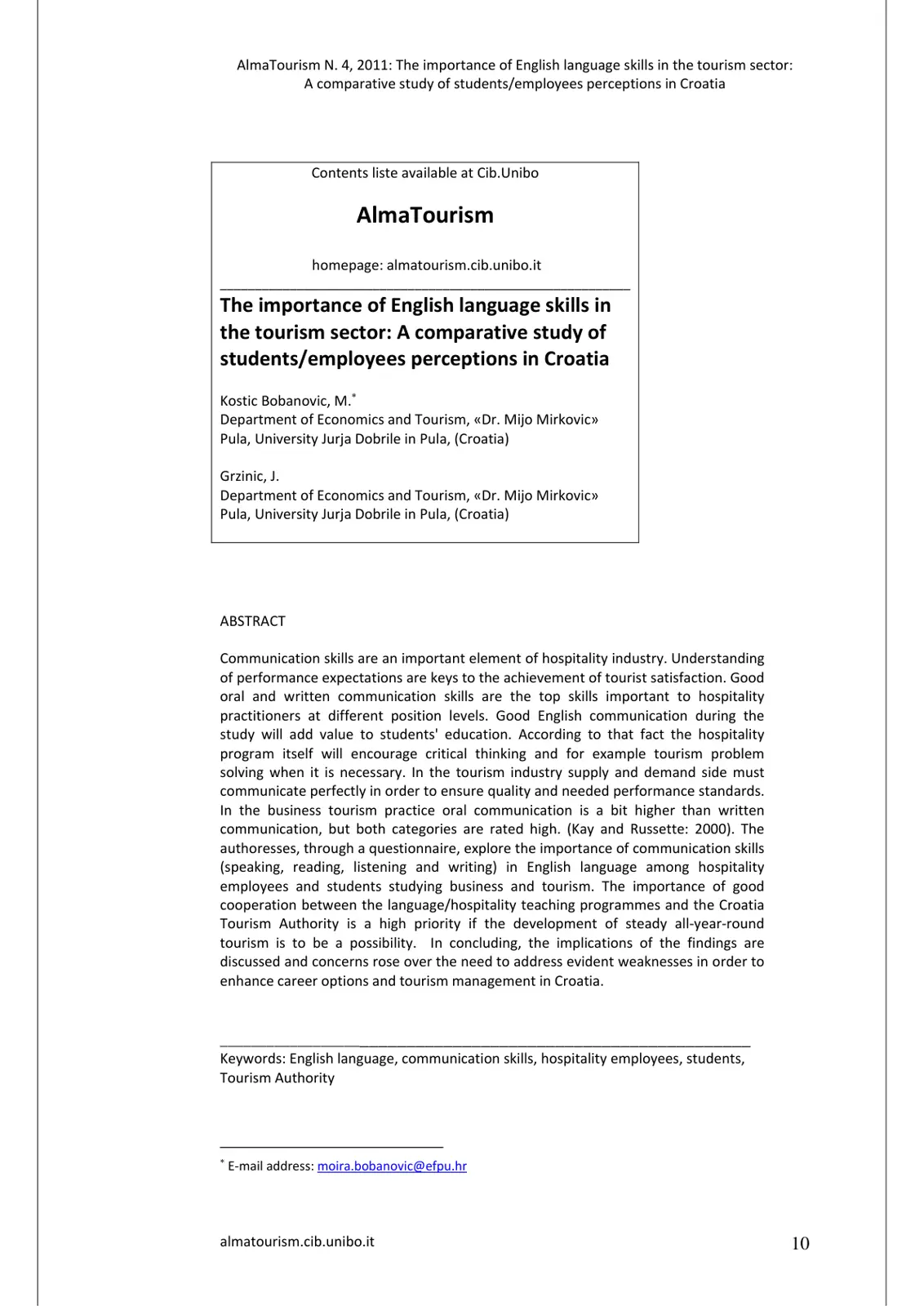 غلاف تقرير The importance of English language skills in the tourism sector: A comparative study of students/employees perceptions in Croatia