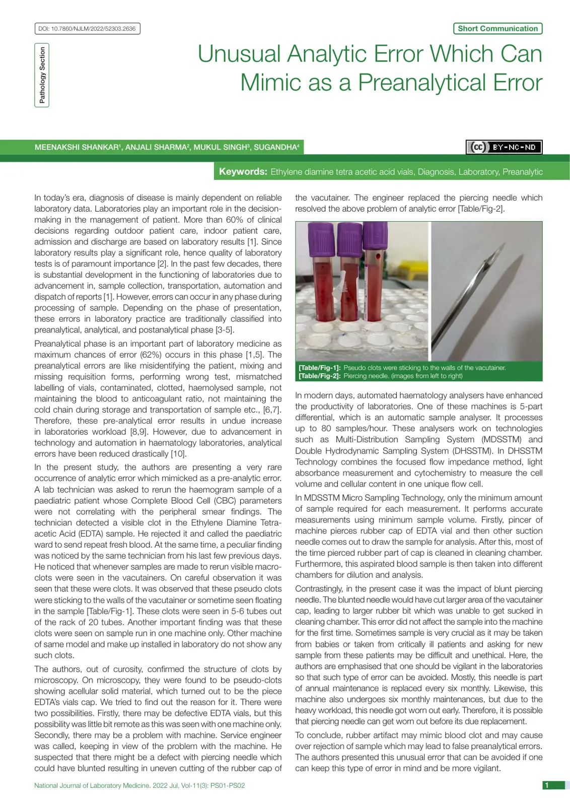 غلاف تقرير Unusual Analytic Error Which Can Mimic as a Preanalytical Error