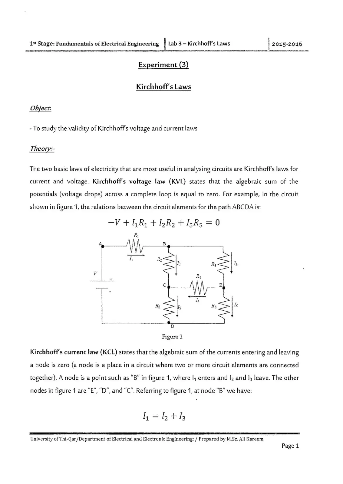 غلاف تقرير Fundamentals of Electrical Engineering Lab - Kirchhoff's Laws