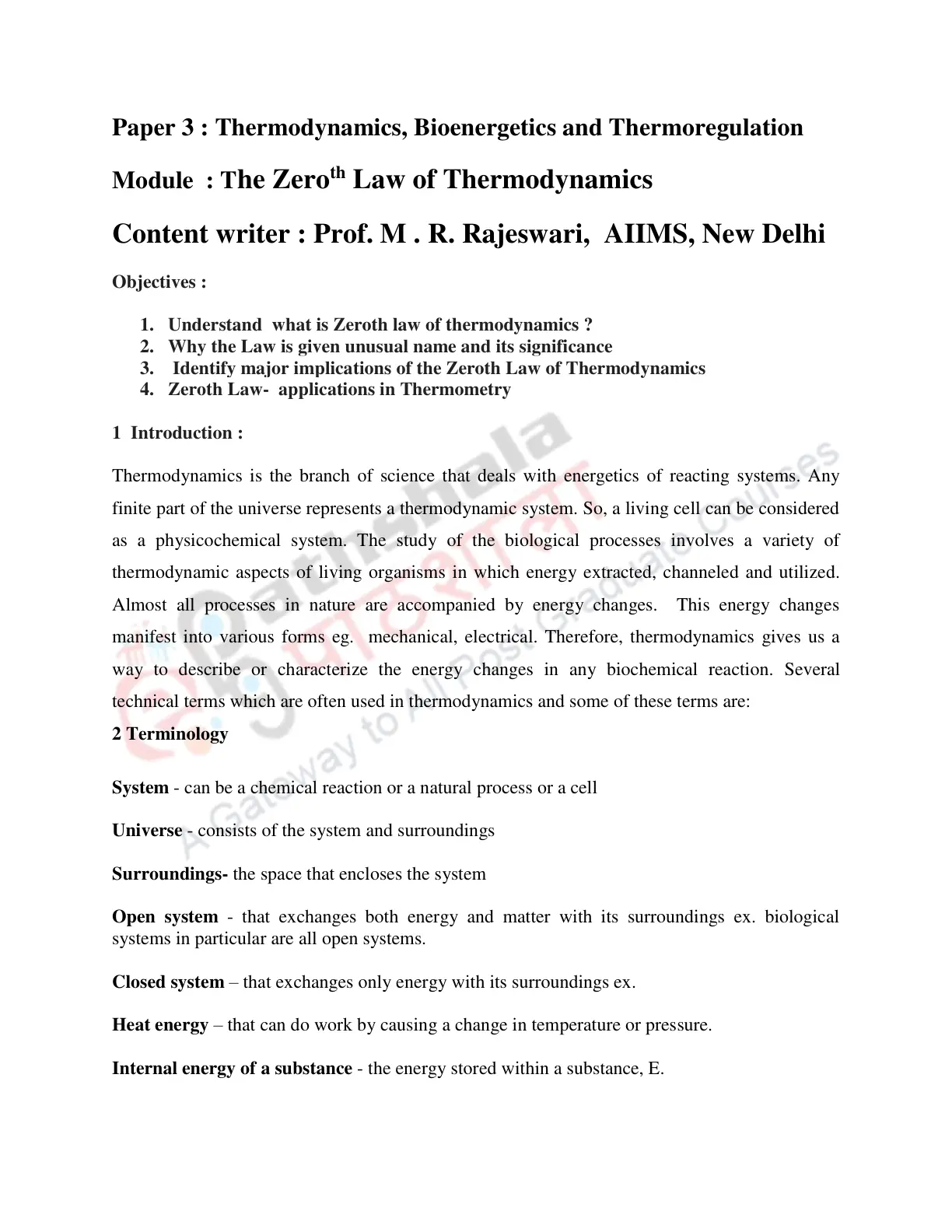 غلاف تقرير Thermodynamics, Bioenergetics and Thermoregulation: The Zeroth Law of Thermodynamics