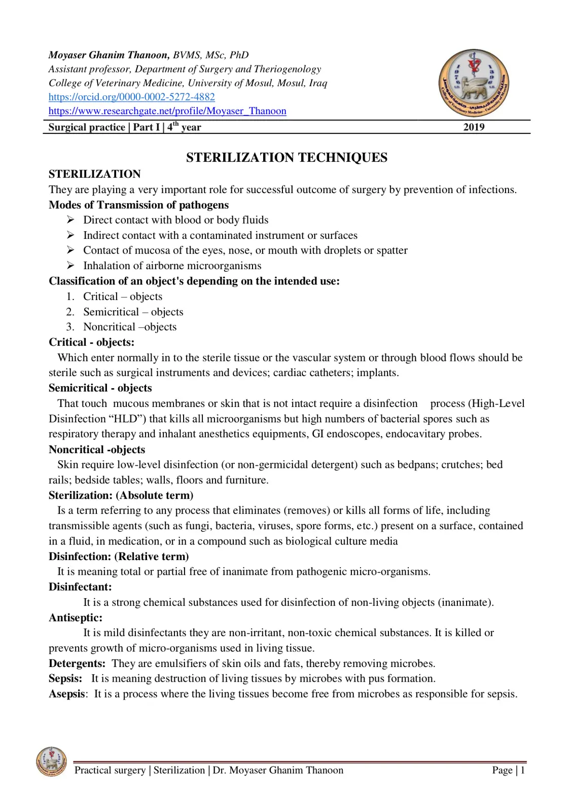 غلاف تقرير Sterilization Techniques