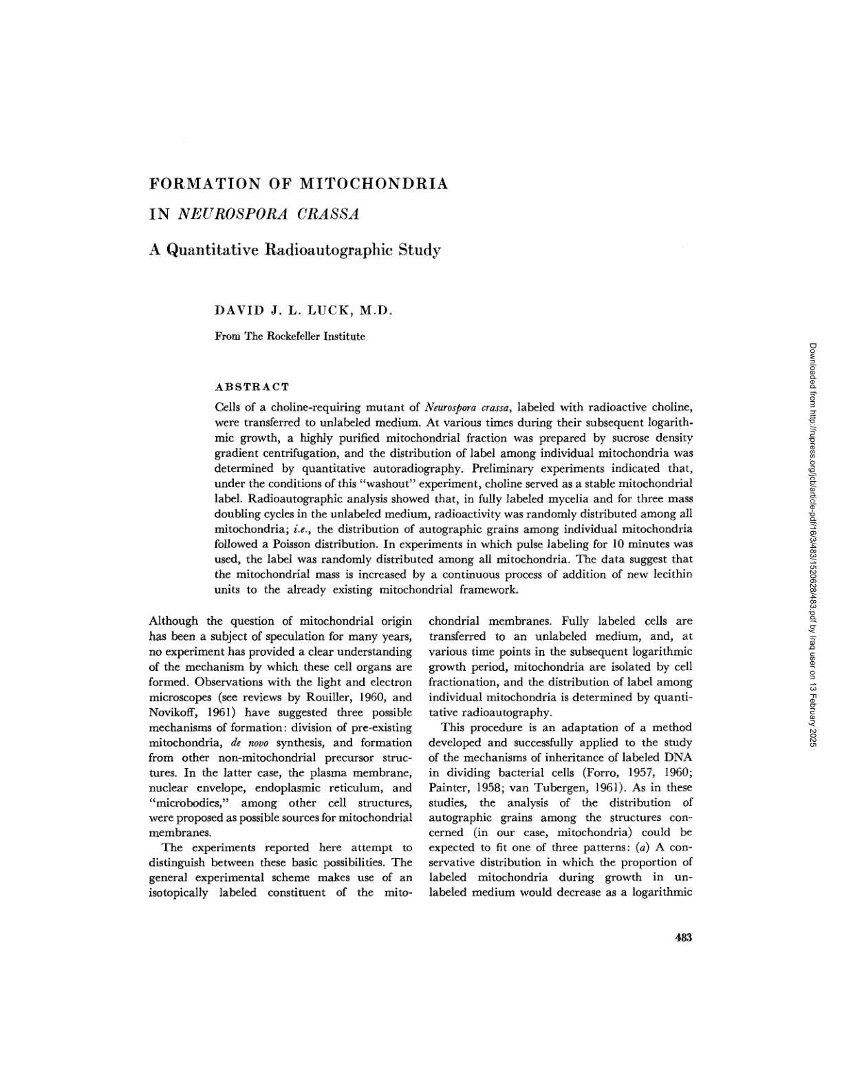 غلاف تقرير FORMATION OF MITOCHONDRIA IN NEUROSPORA CRASSA: A Quantitative Radioautographic Study