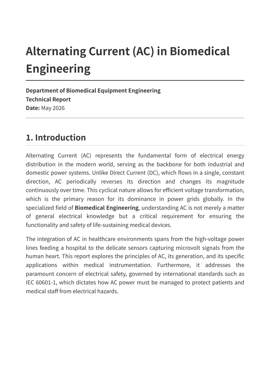غلاف تقرير Alternating Current (AC) in Biomedical Engineering