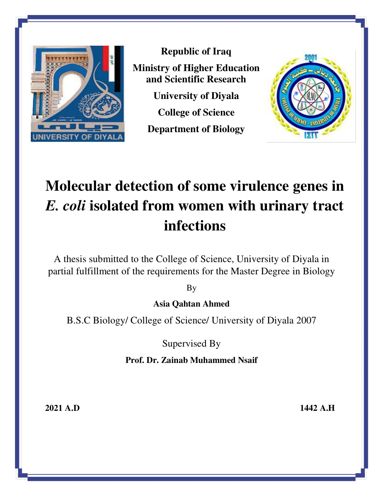 غلاف تقرير Molecular detection of some virulence genes in E. coli isolated from women with urinary tract infections