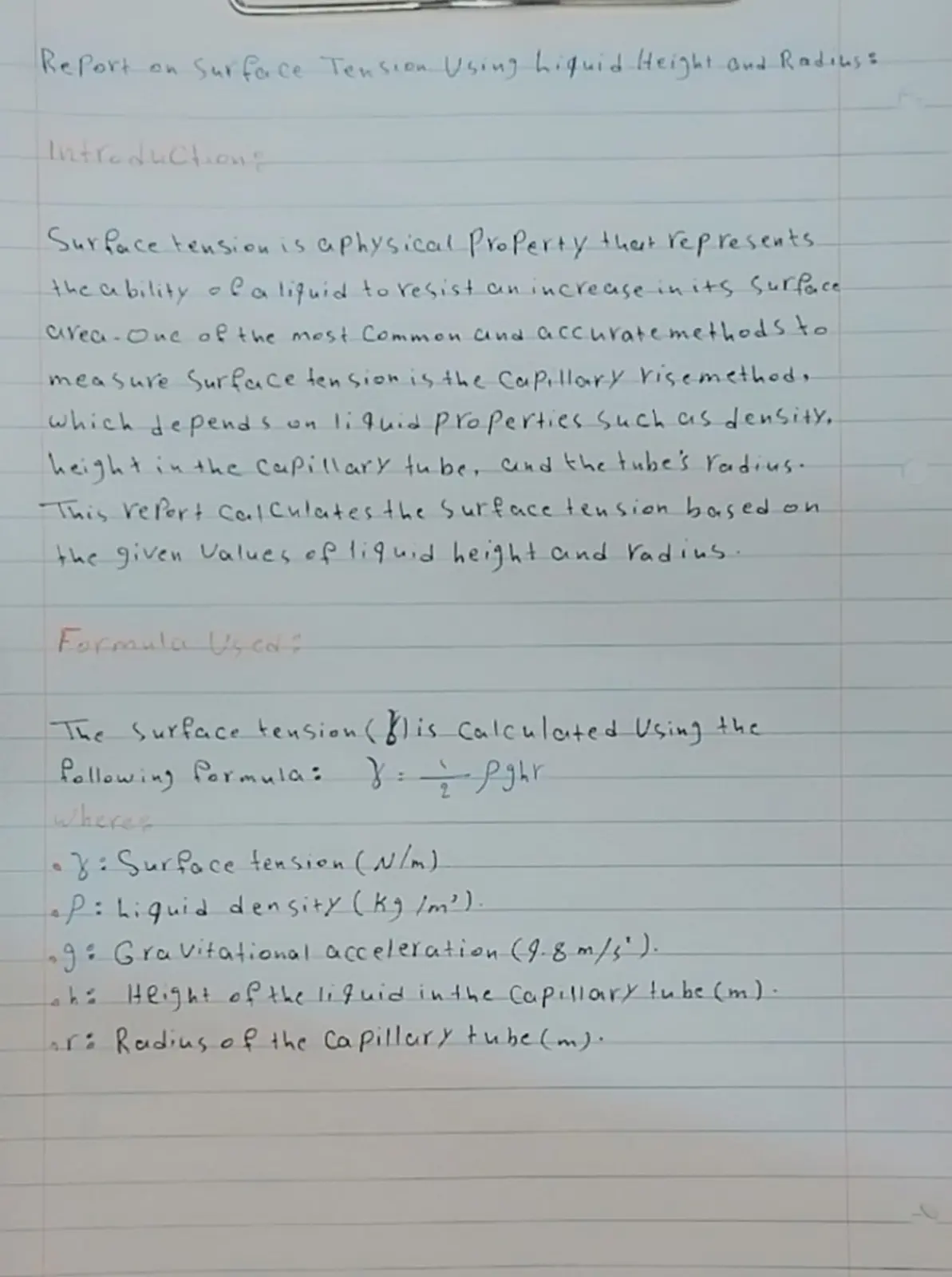 غلاف تقرير Report on Surface Tension Using Liquid Height and Radius