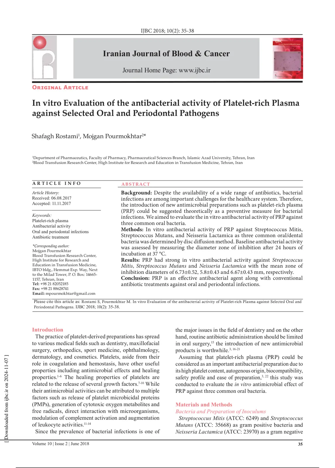 غلاف تقرير In vitro Evaluation of the antibacterial activity of Platelet-rich Plasma against Selected Oral and Periodontal Pathogens