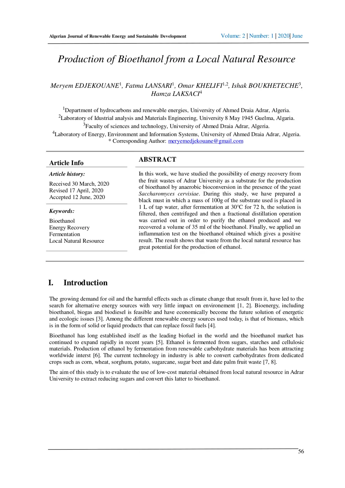 غلاف تقرير Production of Bioethanol from a Local Natural Resource