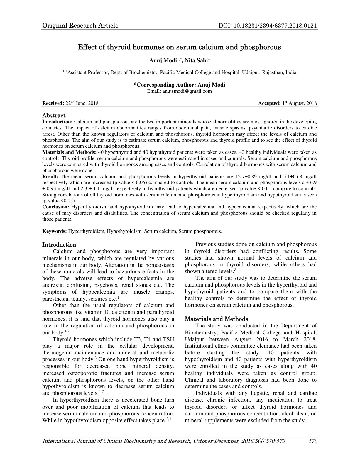 غلاف تقرير Effect of thyroid hormones on serum calcium and phosphorous