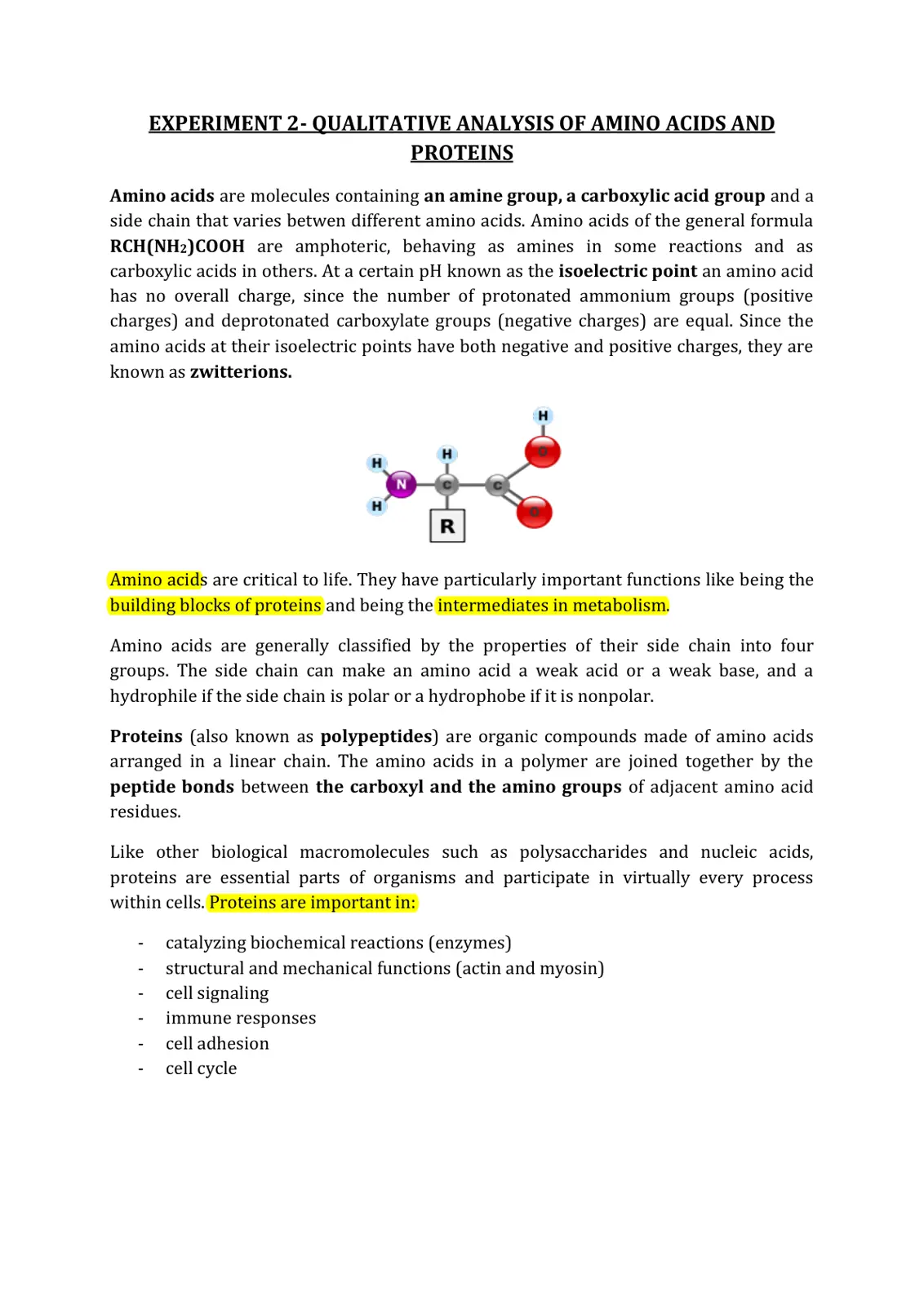 غلاف تقرير Qualitative Analysis of Amino Acids and Proteins