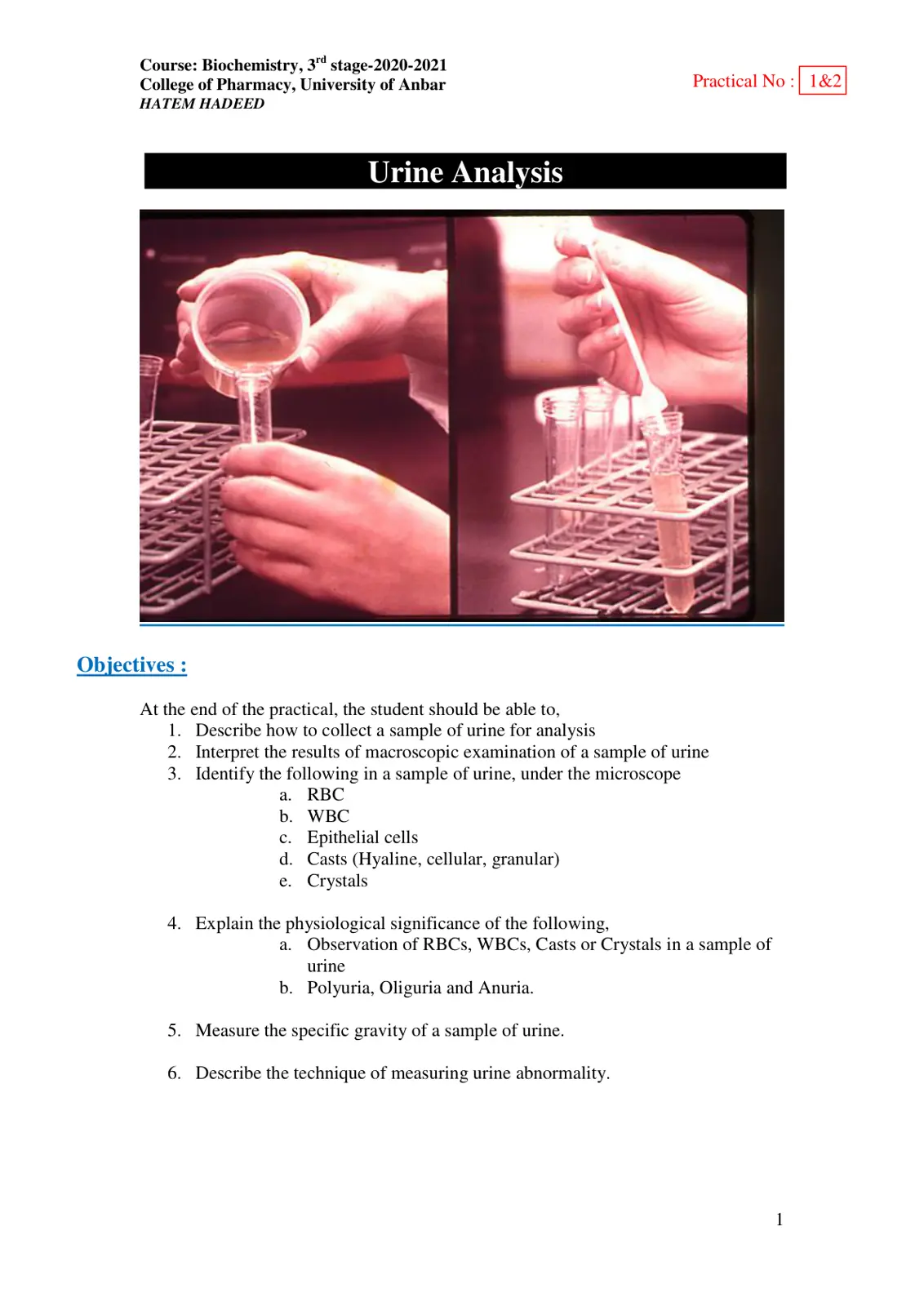 غلاف تقرير Urine Analysis Practical No: 1&2
