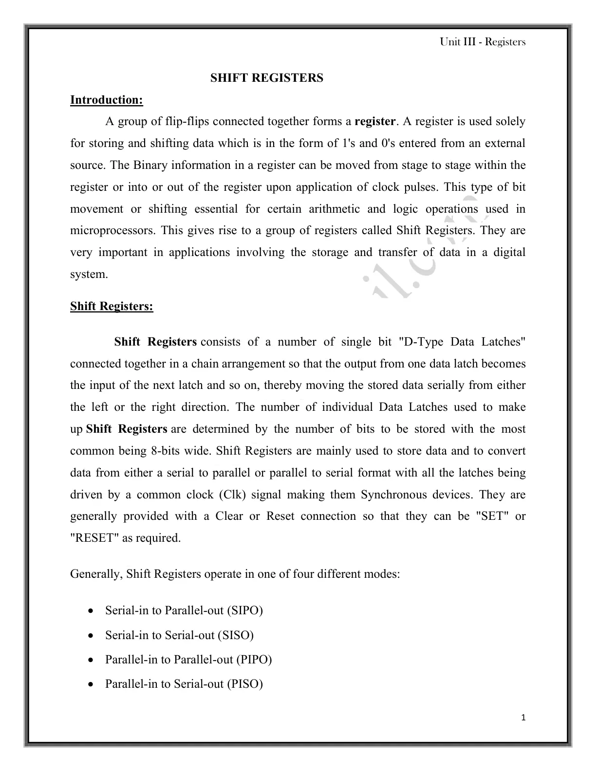 غلاف تقرير Shift Registers - Unit III