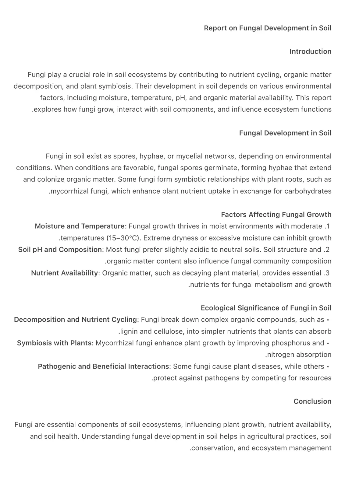 غلاف تقرير Report on Fungal Development in Soil