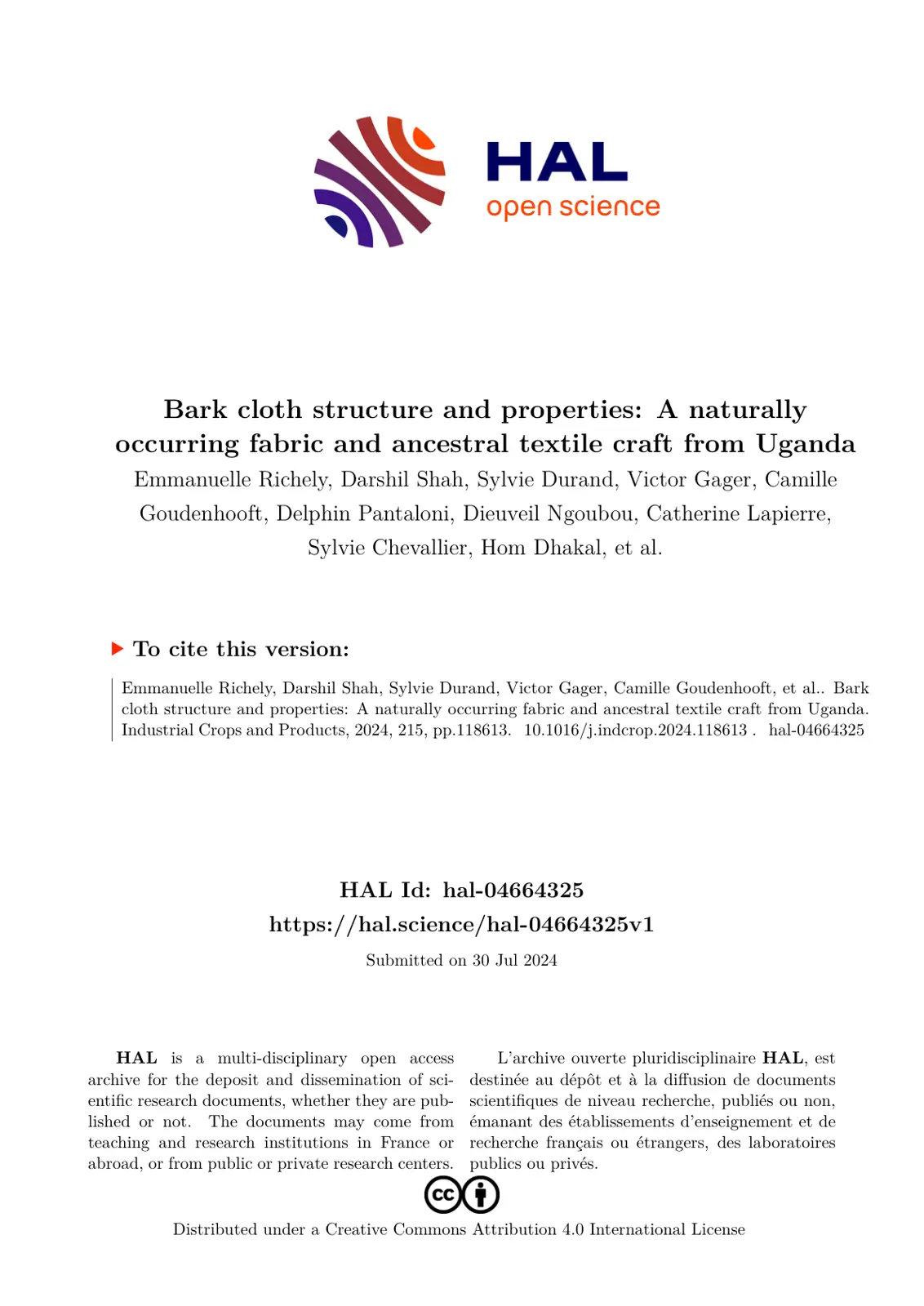 غلاف تقرير Bark cloth structure and properties: A naturally occurring fabric and ancestral textile craft from Uganda