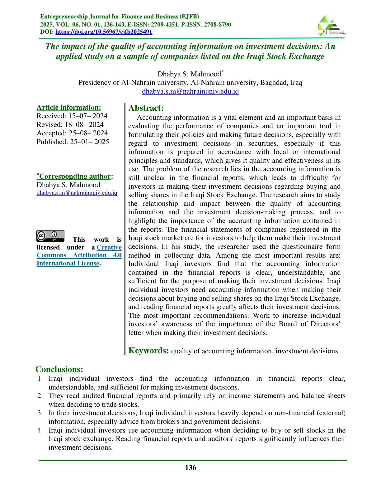 غلاف تقرير The Impact of the Quality of Accounting Information on Investment Decisions: An Applied Study on a Sample of Companies Listed on the Iraqi Stock Exchange