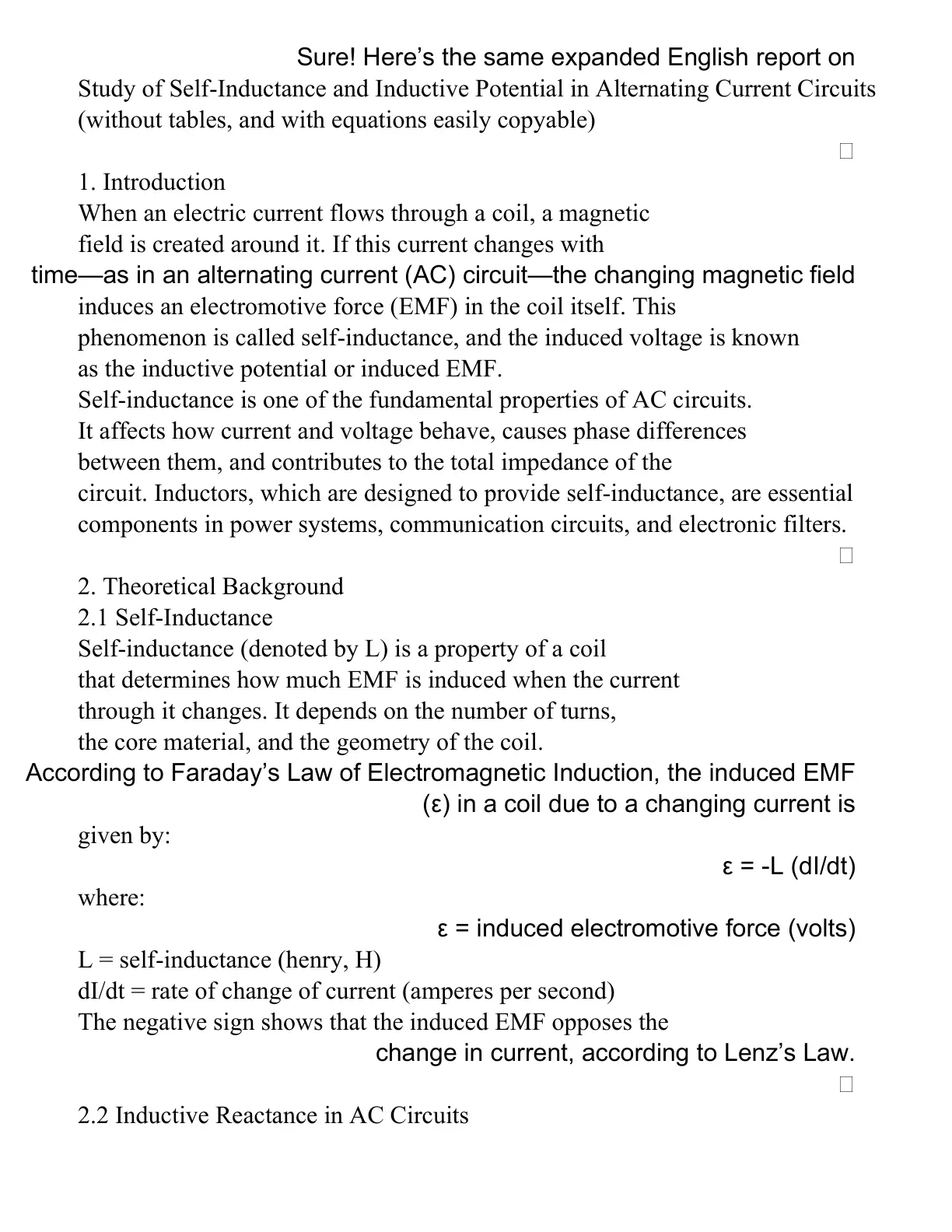 غلاف تقرير Study of Self-Inductance and Inductive Potential in Alternating Current Circuits