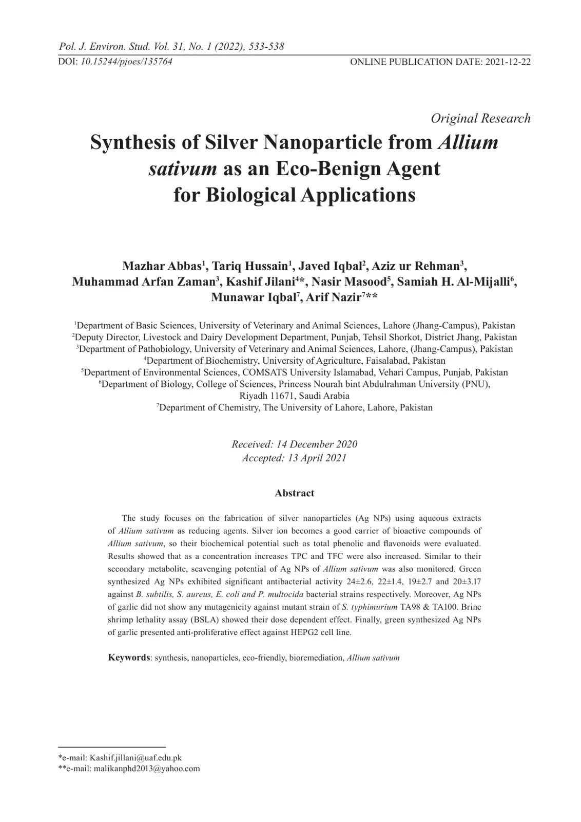 غلاف تقرير Synthesis of Silver Nanoparticle from Allium sativum as an Eco-Benign Agent for Biological Applications
