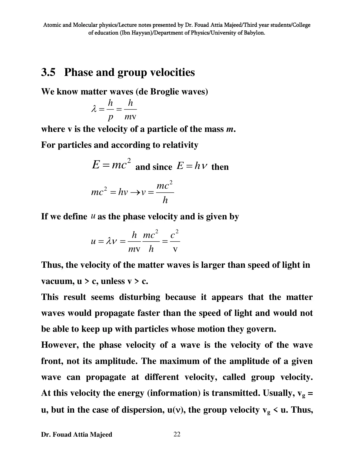 غلاف تقرير Atomic and Molecular physics/Lecture notes
