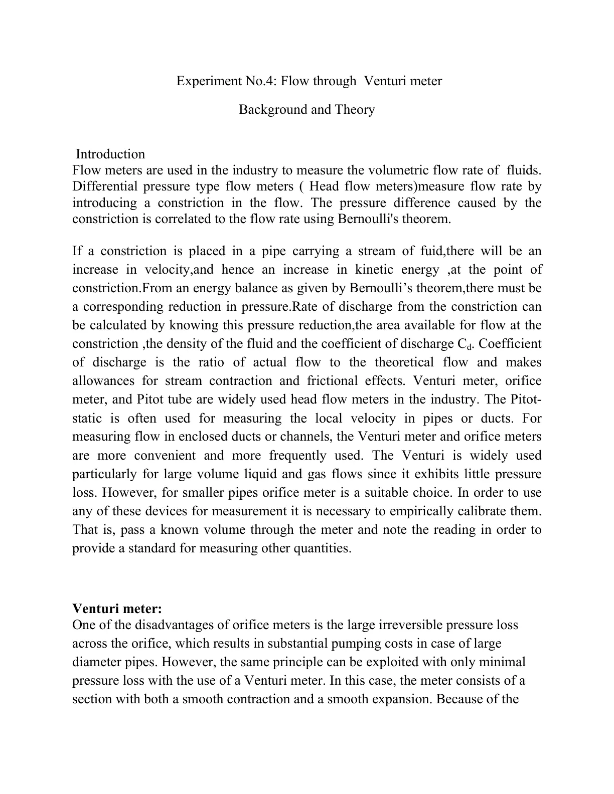 غلاف تقرير Experiment No.4: Flow through Venturi meter