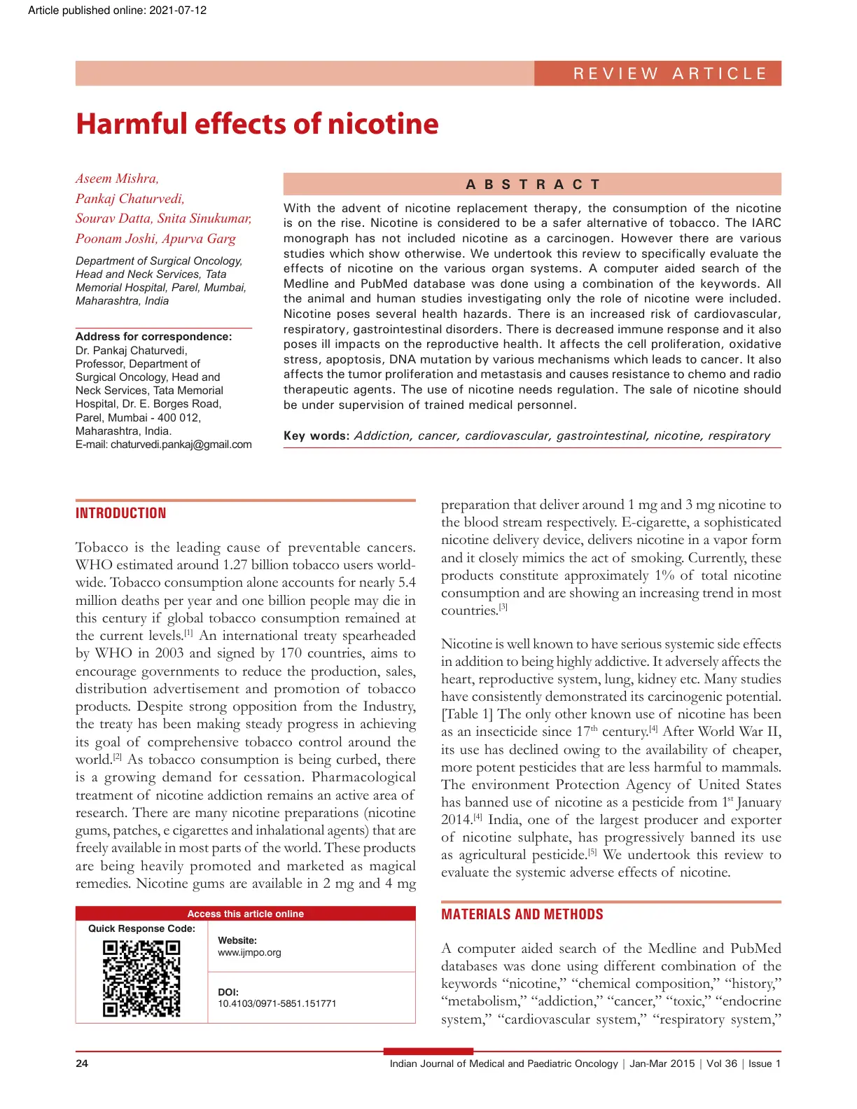 غلاف تقرير Harmful effects of nicotine