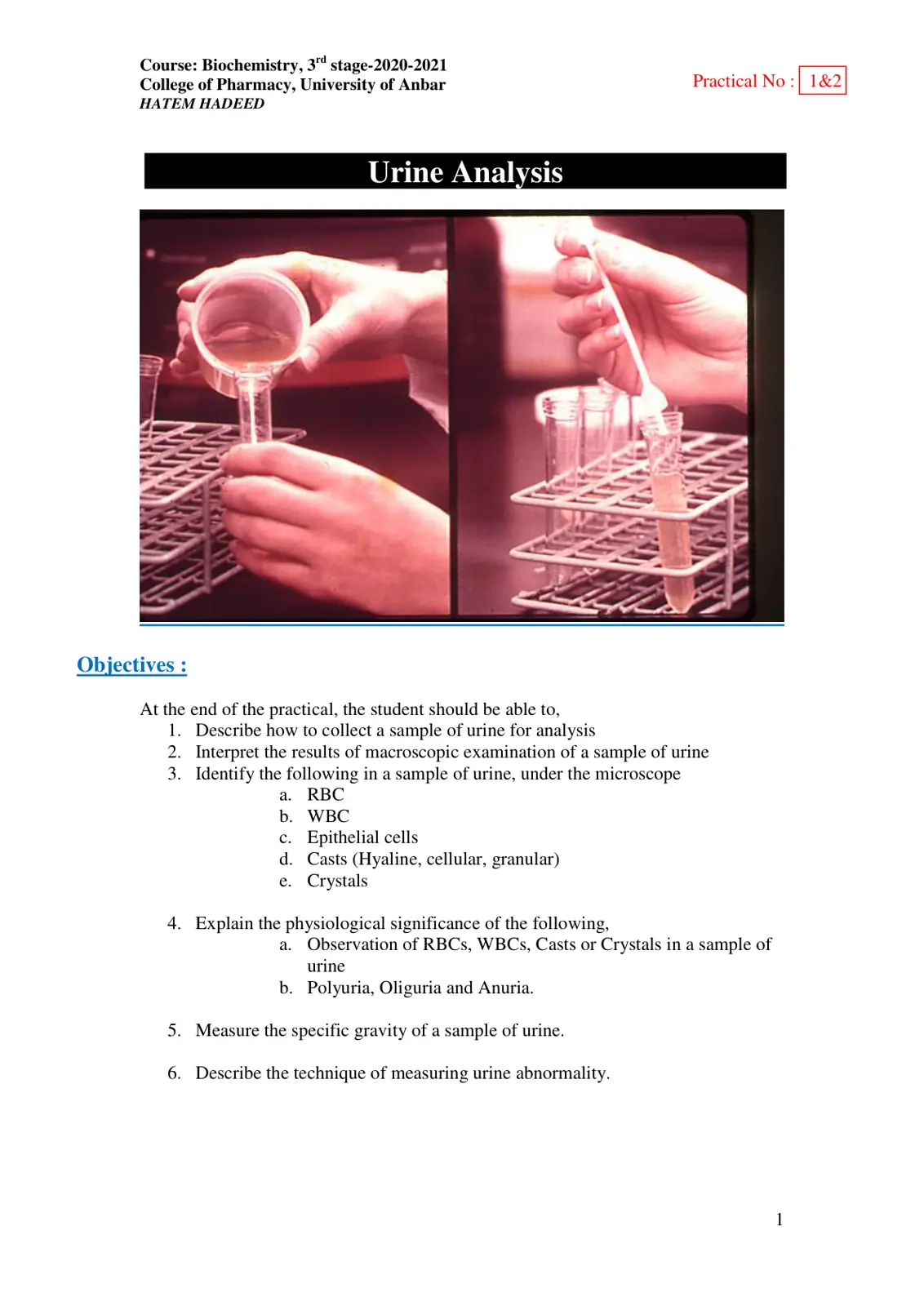 غلاف تقرير Urine Analysis - Practical No: 1&2 - Biochemistry 3rd Stage 2020-2021 - College of Pharmacy University of Anbar