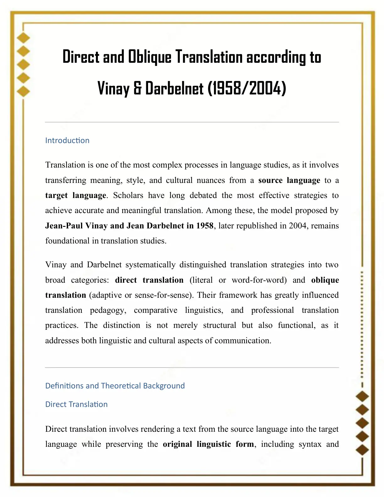 غلاف تقرير Direct and Oblique Translation according to Vinay & Darbelnet (1958/2004)