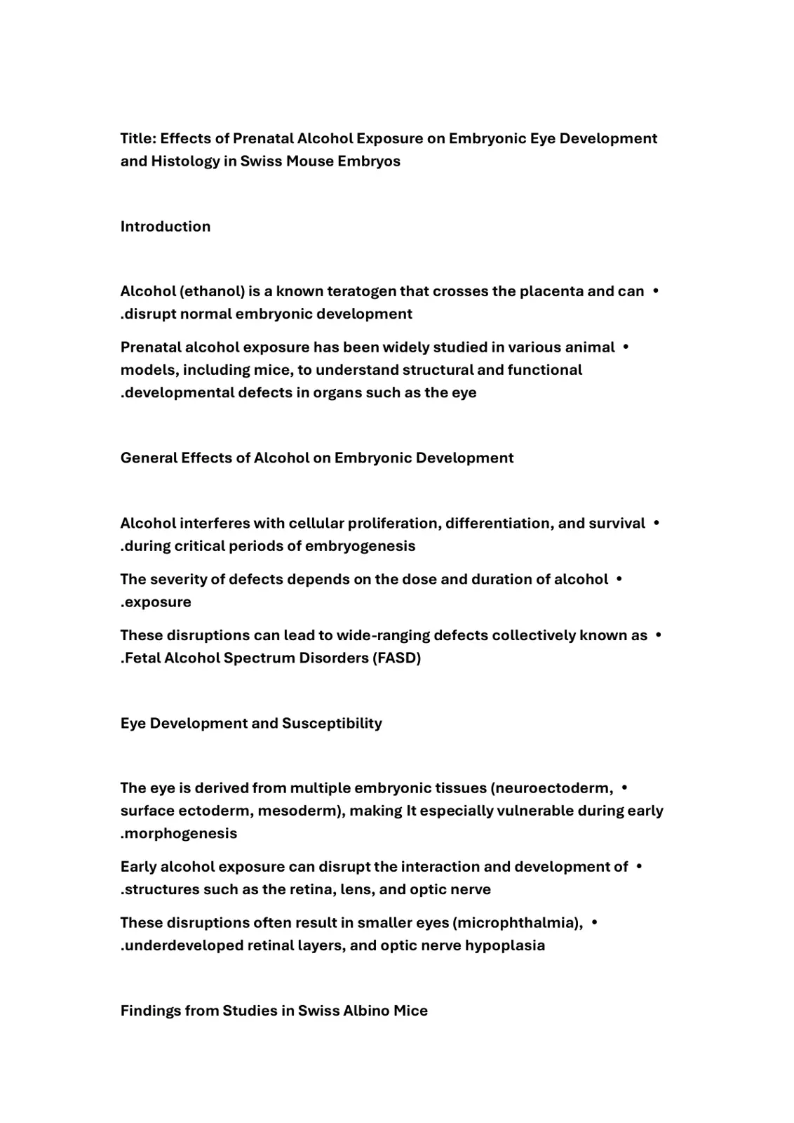 غلاف تقرير Effects of Prenatal Alcohol Exposure on Embryonic Eye Development and Histology in Swiss Mouse Embryos