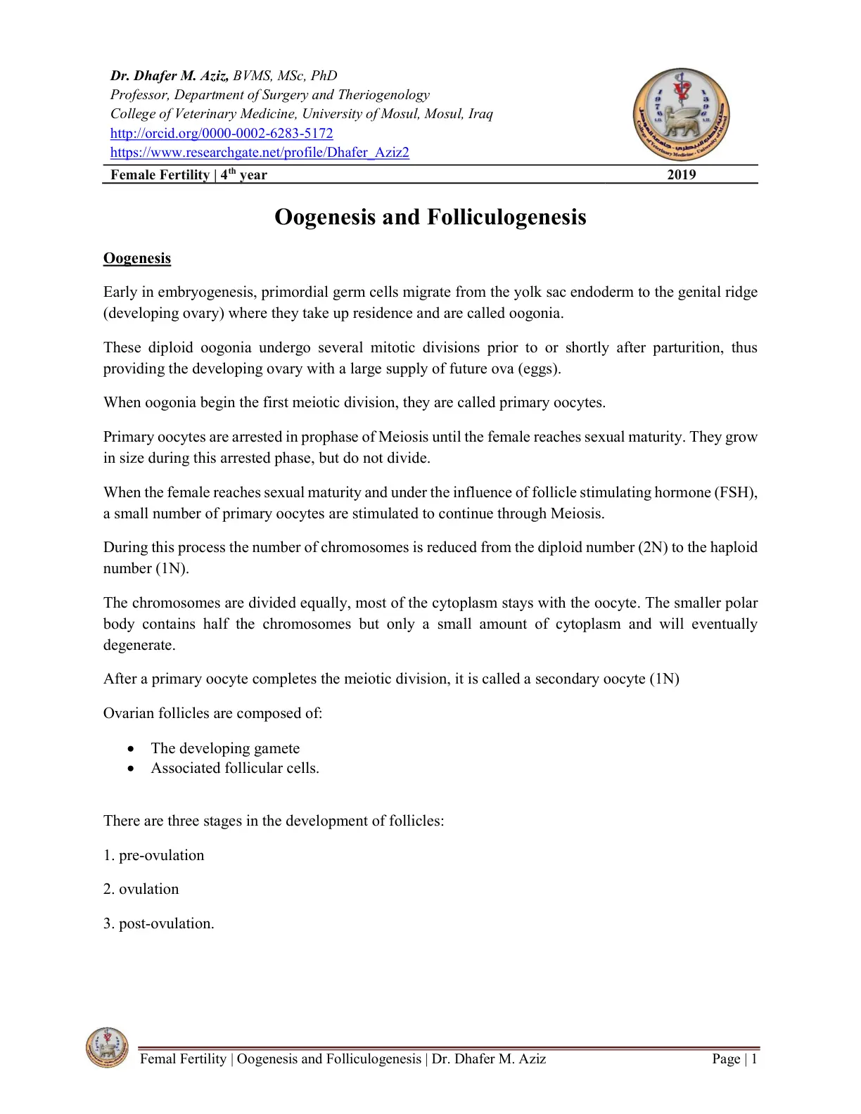 غلاف تقرير Oogenesis and Folliculogenesis