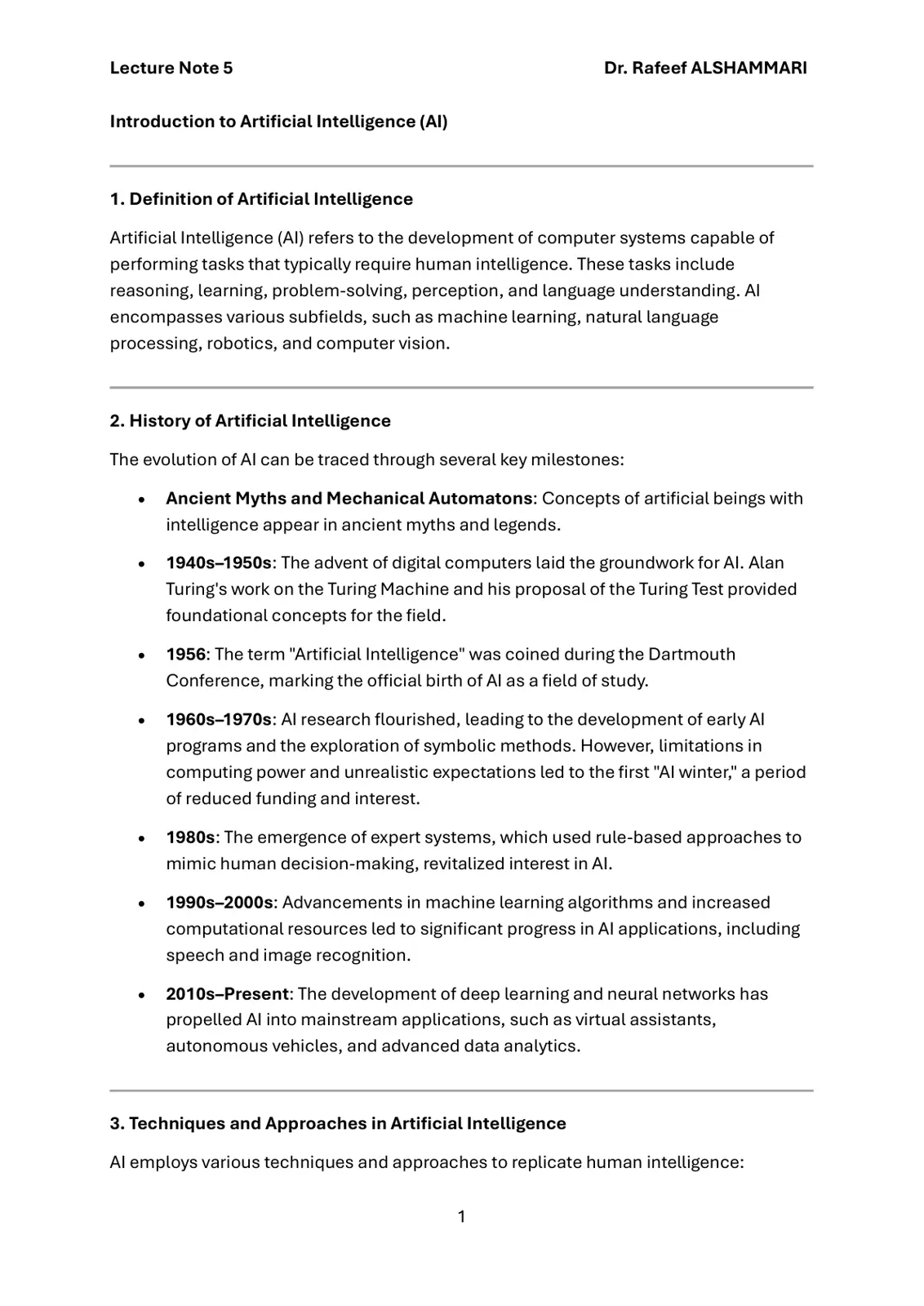 غلاف تقرير Lecture Note 5 - Introduction to Artificial Intelligence (AI)