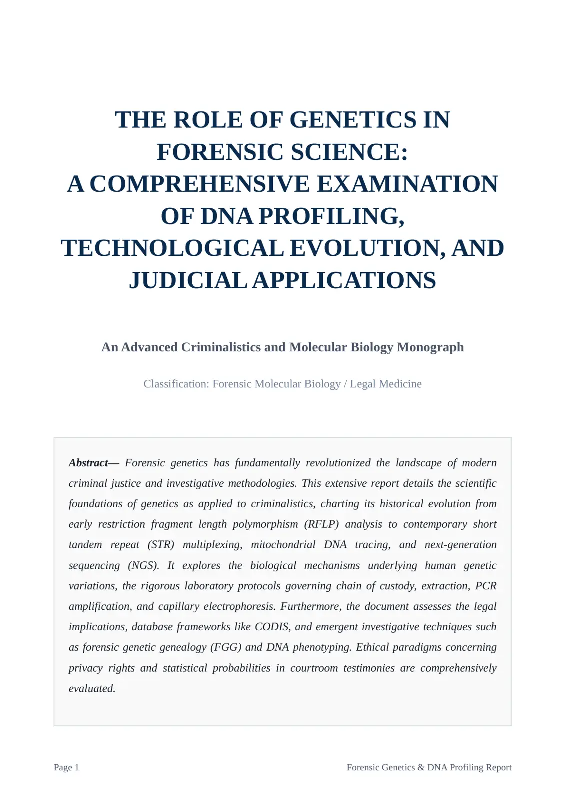 غلاف تقرير THE ROLE OF GENETICS IN FORENSIC SCIENCE: A COMPREHENSIVE EXAMINATION OF DNA PROFILING, TECHNOLOGICAL EVOLUTION, AND JUDICIAL APPLICATIONS