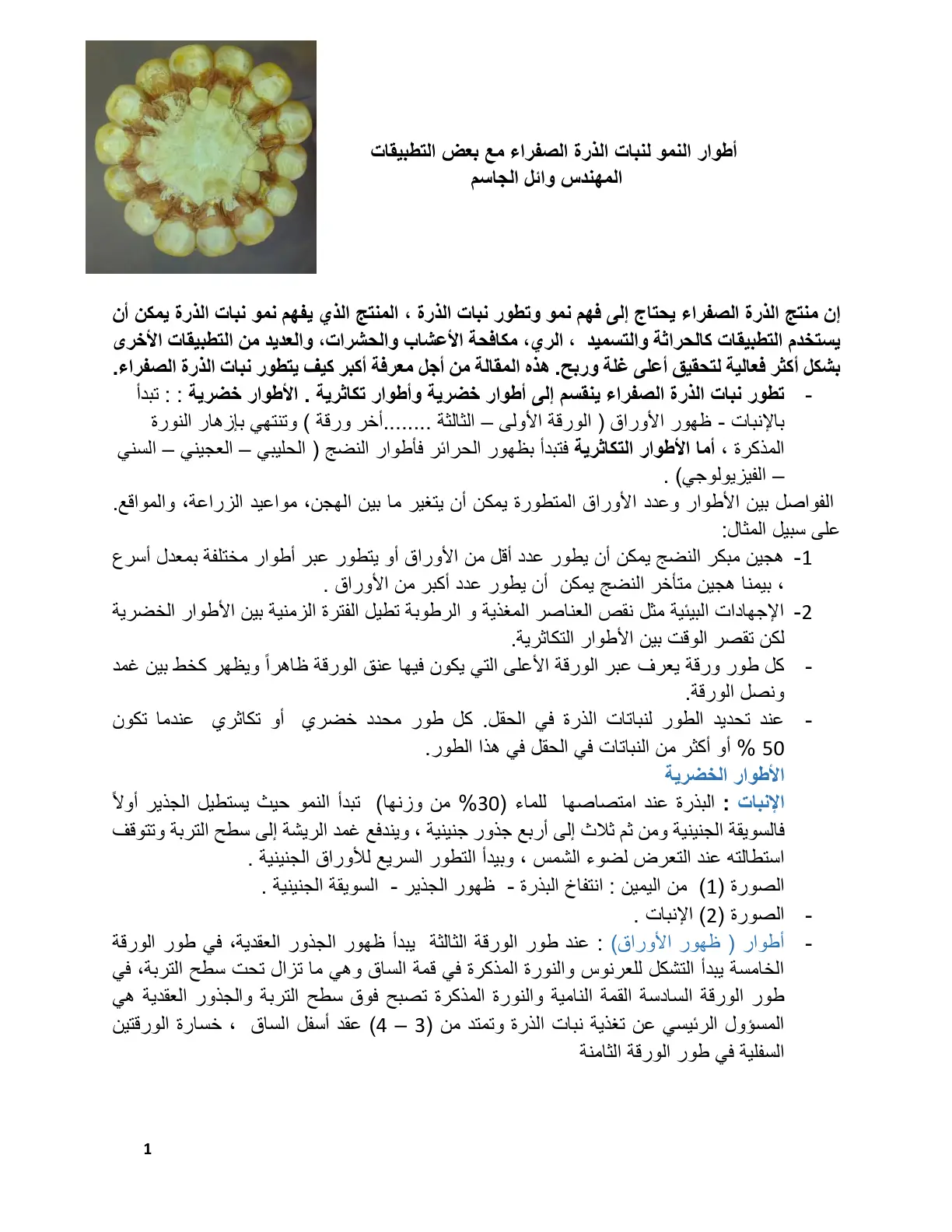 غلاف تقرير أطوار النمو لنبات الذرة الصفراء مع بعض التطبيقات