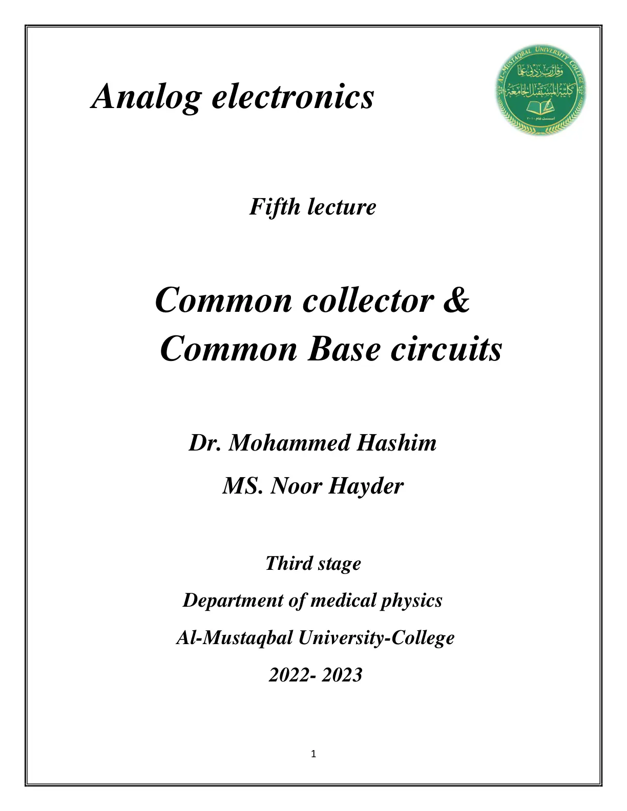 غلاف تقرير Analog Electronics – Fifth Lecture: Common Collector & Common Base Circuits