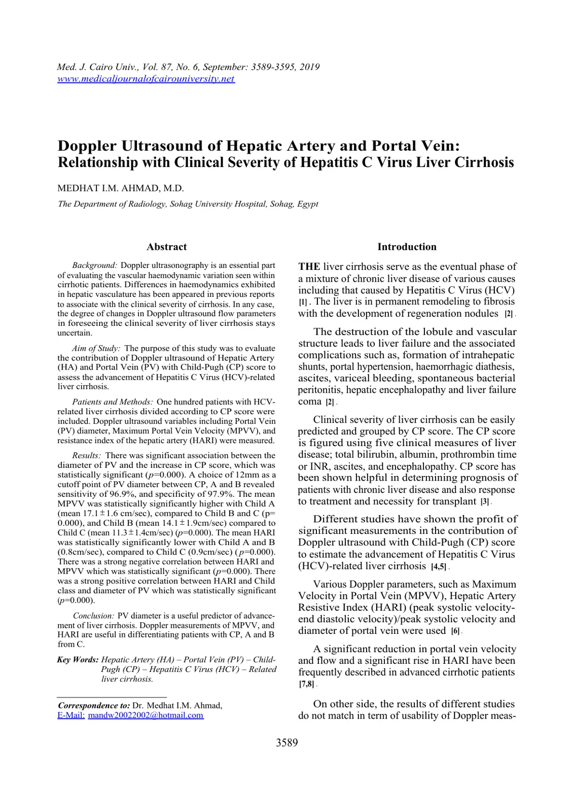 غلاف تقرير Doppler Ultrasound of Hepatic Artery and Portal Vein: Relationship with Clinical Severity of Hepatitis C Virus Liver Cirrhosis