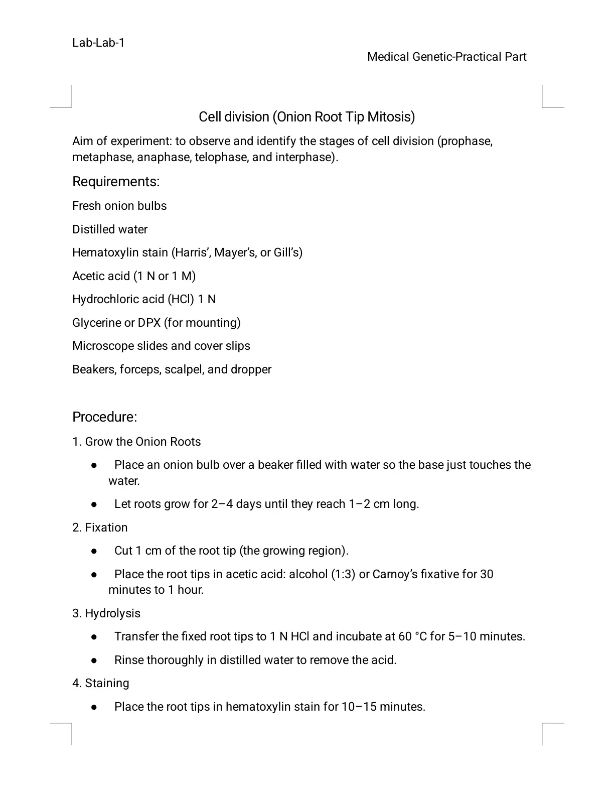 غلاف تقرير Medical Genetics Lab 1: Cell Division (Onion Root Tip Mitosis)